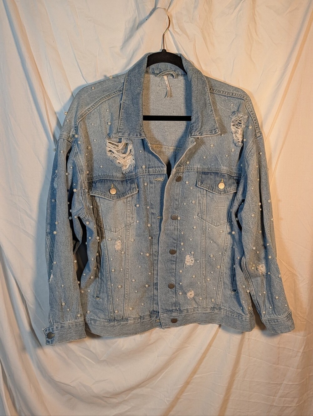 Free People Light Blue Distressed Pearl-Embellished Denim Jacket